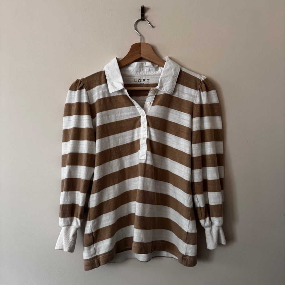 LOFT Brown and White Striped Shirt featuring a button neckline | XS
